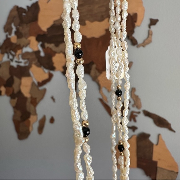 Vintage 14k Gold Biwa Pearl Onyx Triple Strand 17” Hong Kong Necklace New Tags - Picture 6 of 8